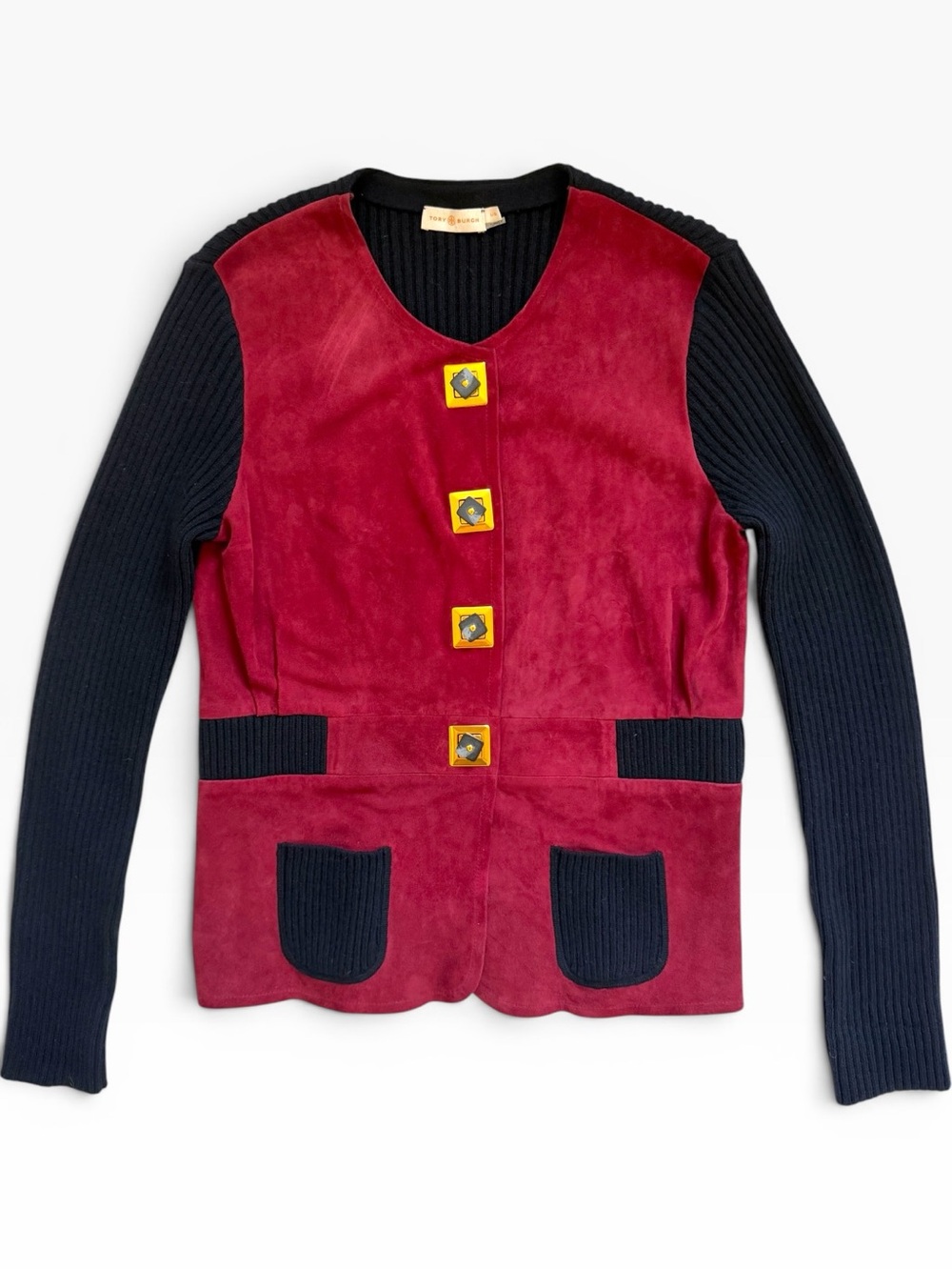 NWOT Tory Burch Sportigan Suede & Ribbed Knit Sweater Jacket Cardigan Burgundy L